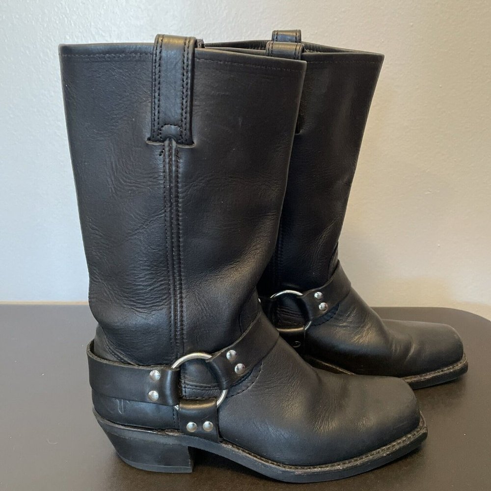 FRYE Size 8 M Black Leather 77300 Women's Harness 12R Biker Boots Made in USA
